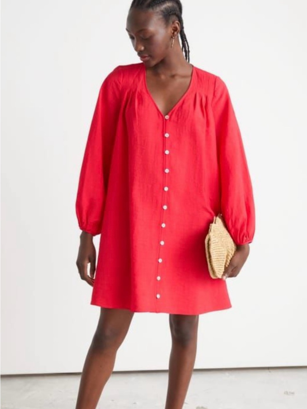 & Other Stories Relaxed Bright Red V-Neck Button-Front Mini Dress
